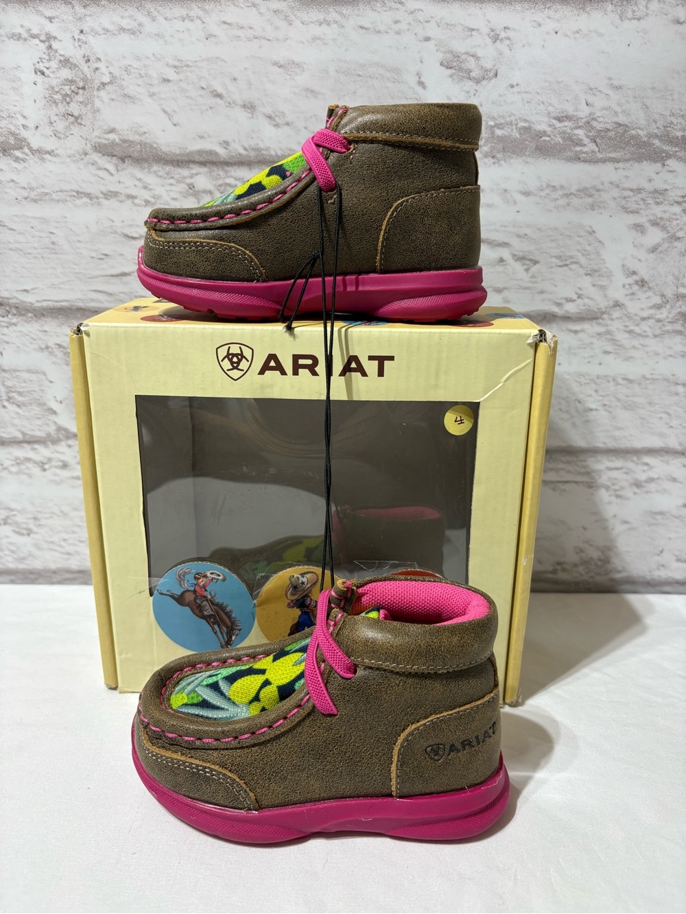 Ariat Brown and Pink Kids Moccasin Boot - Floral Inlay